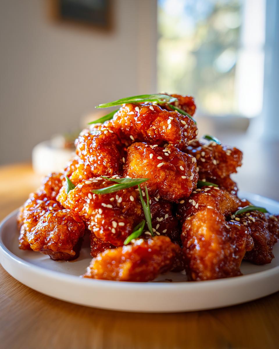 A tall pile of crispy, glazed orange chicken pieces topped with sesame seeds and sliced green onions.