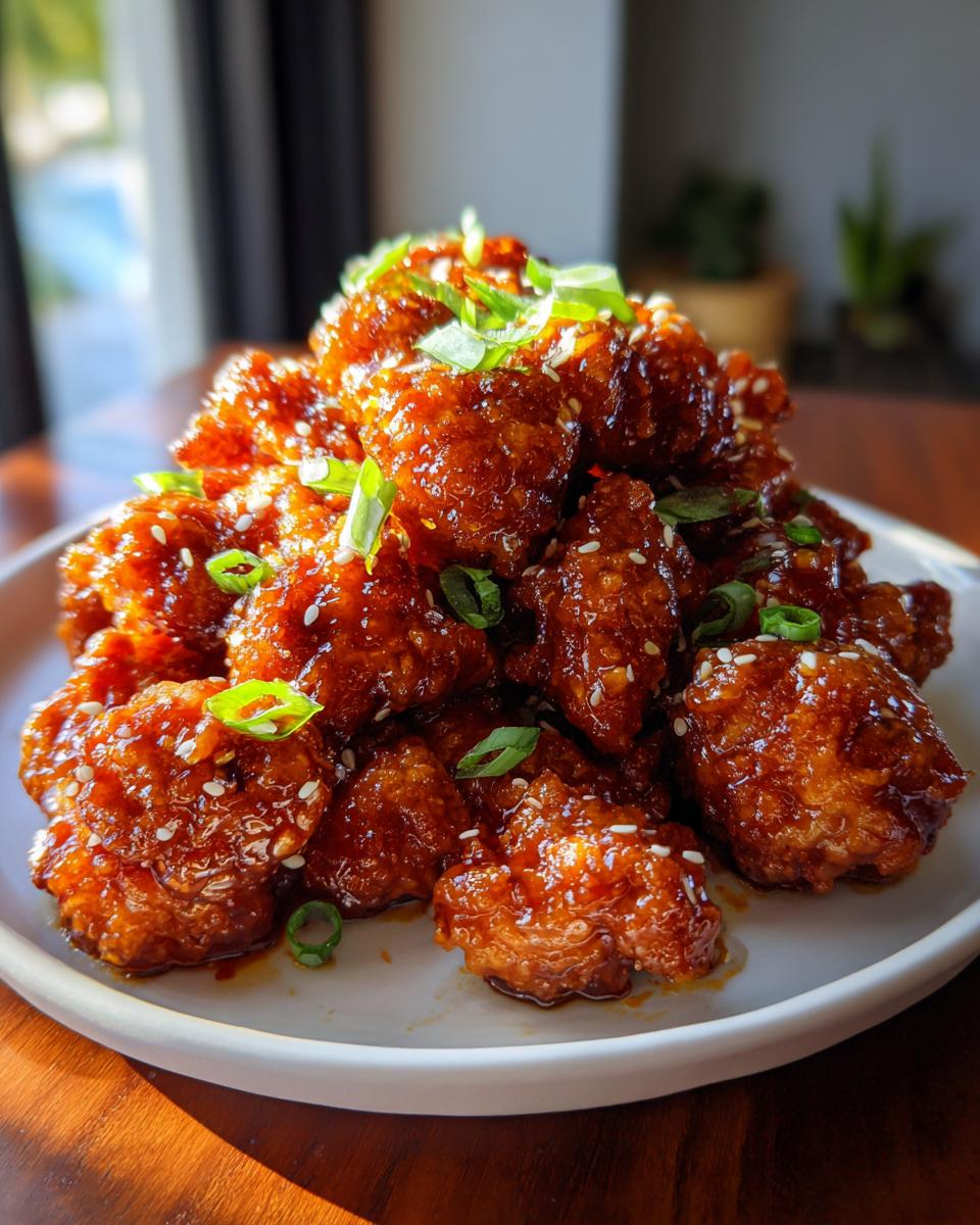 Close-up of crispy, glazed orange chicken pieces piled high and garnished with sesame seeds and green onions.