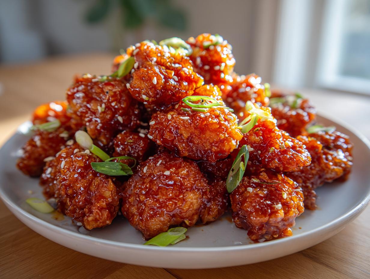 A close-up of a mound of sticky, glazed orange chicken pieces garnished with sesame seeds and green onions.