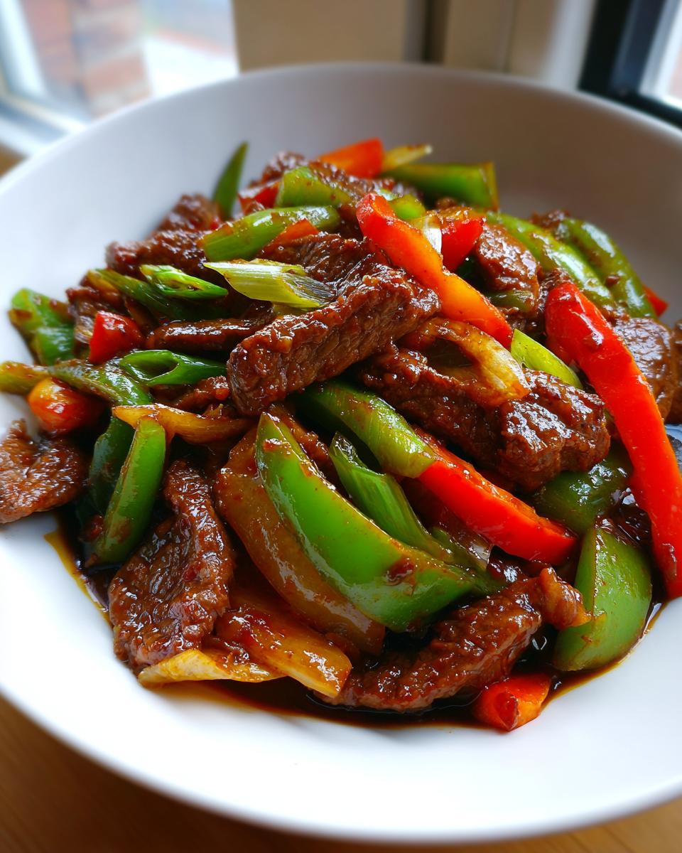 Close-up of tender beef strips and colorful bell peppers in a savory sauce, showcasing the amazing pepper steak.