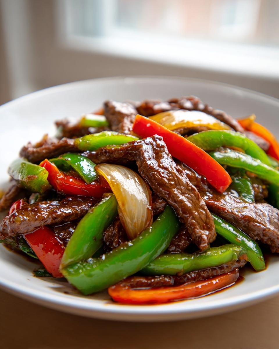 Close-up of glossy, saucy pepper steak strips mixed with vibrant green, red peppers, and onions.