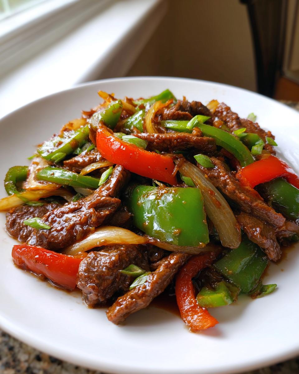 A close-up serving of amazing 30-Minute pepper steak with vibrant green and red bell peppers and onions.