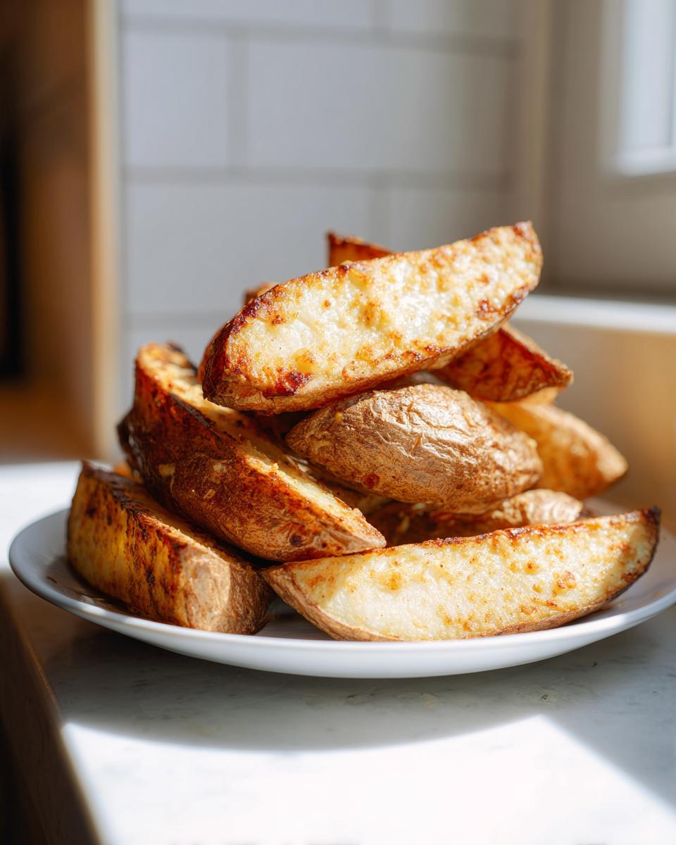 A close-up of golden brown, crispy baked potato wedges stacked high on a white plate.