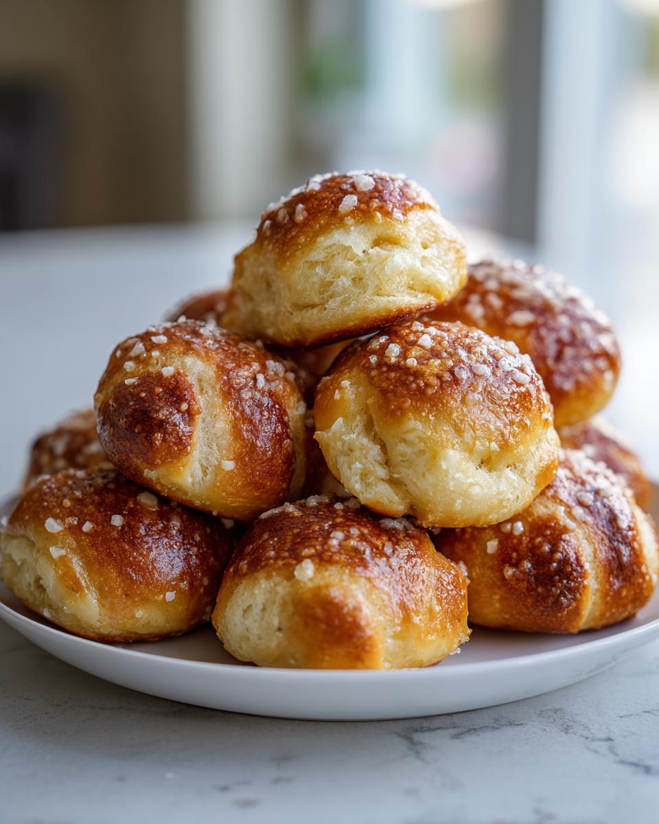 A stack of freshly baked, golden brown pretzel bites sprinkled with coarse salt on a white plate.