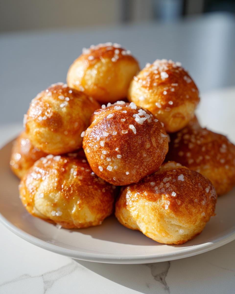 A pile of freshly baked, golden brown pretzel bites sprinkled with coarse salt, ready to eat.