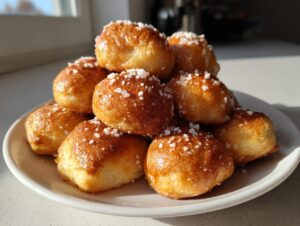 A stack of freshly baked, golden brown pretzel bites topped with coarse salt, ready to eat.