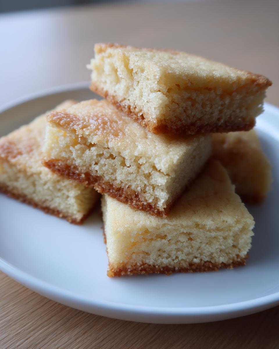 A stack of four buttery, golden shortbread cookies squares served on a white plate.