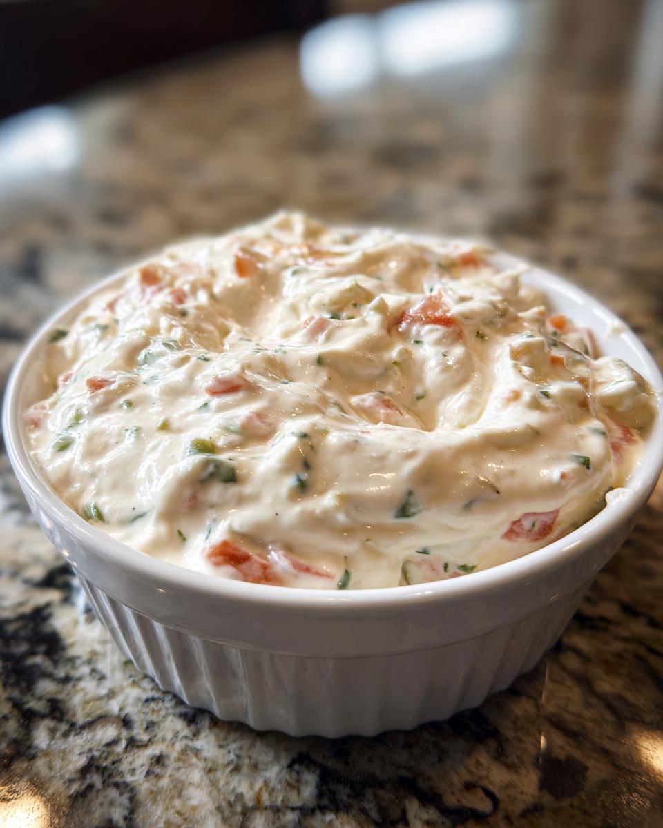 Close-up of creamy, chunky cheese dip with visible tomatoes and herbs in a white bowl.