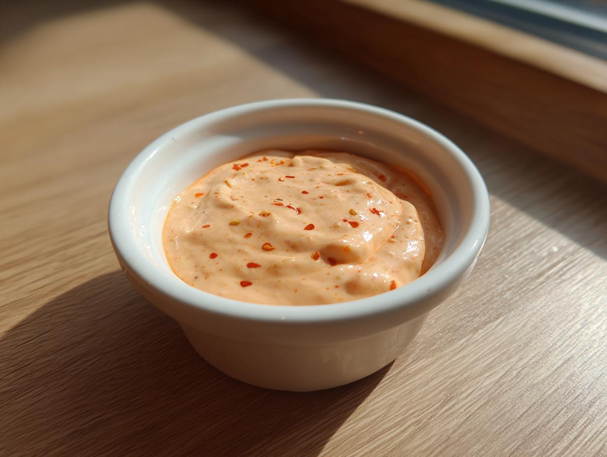 A close-up of creamy, orange-hued smash burger sauce sprinkled with red pepper flakes in a small white bowl.
