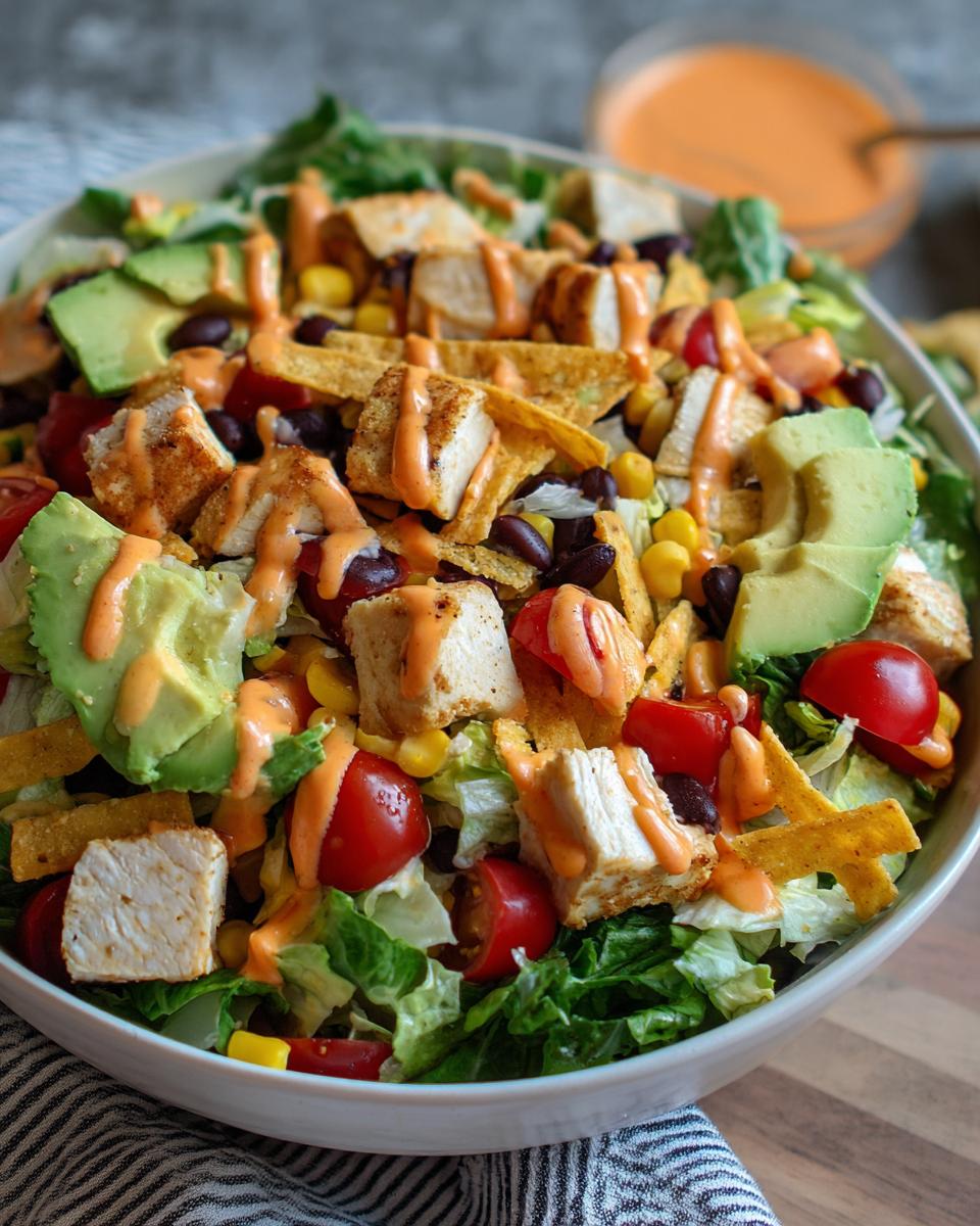Close-up of a vibrant southwest salad bowl topped with grilled chicken, avocado, black beans, corn, and creamy dressing.