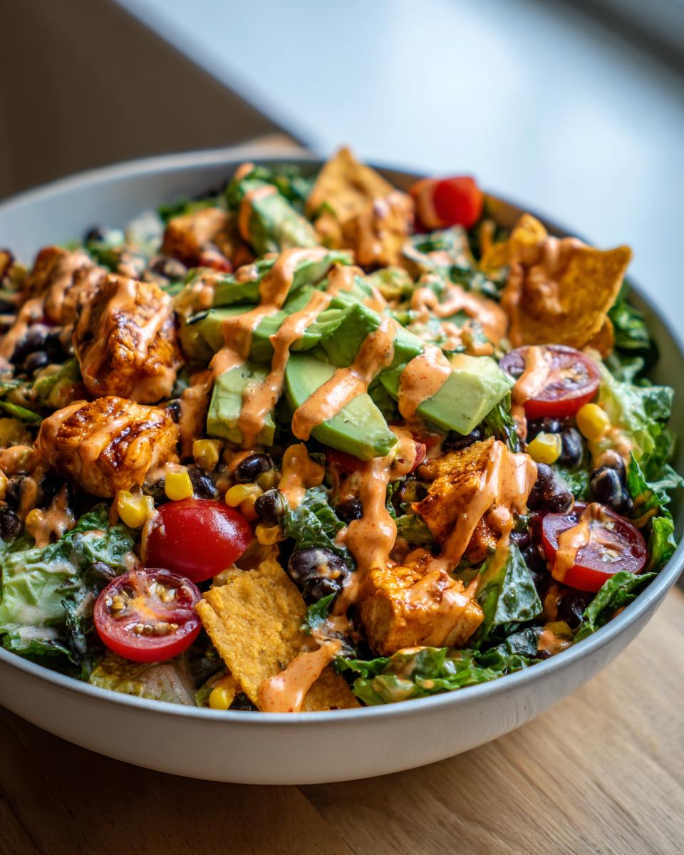 A close-up of a vibrant southwest salad featuring grilled chicken, avocado slices, black beans, corn, and chipotle dressing.