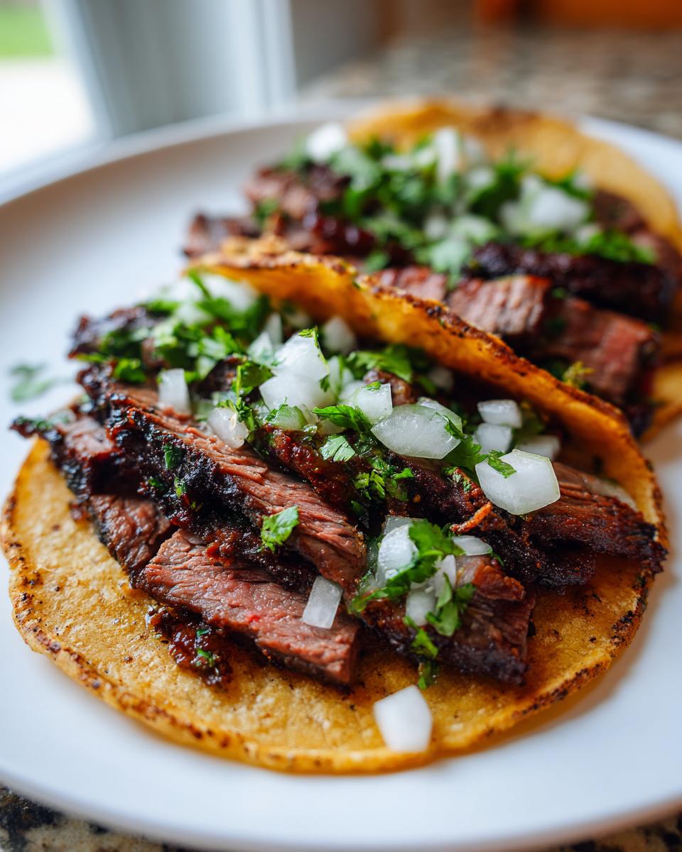 Close-up of two delicious steak tacos filled with sliced, seasoned steak, diced white onion, and cilantro.