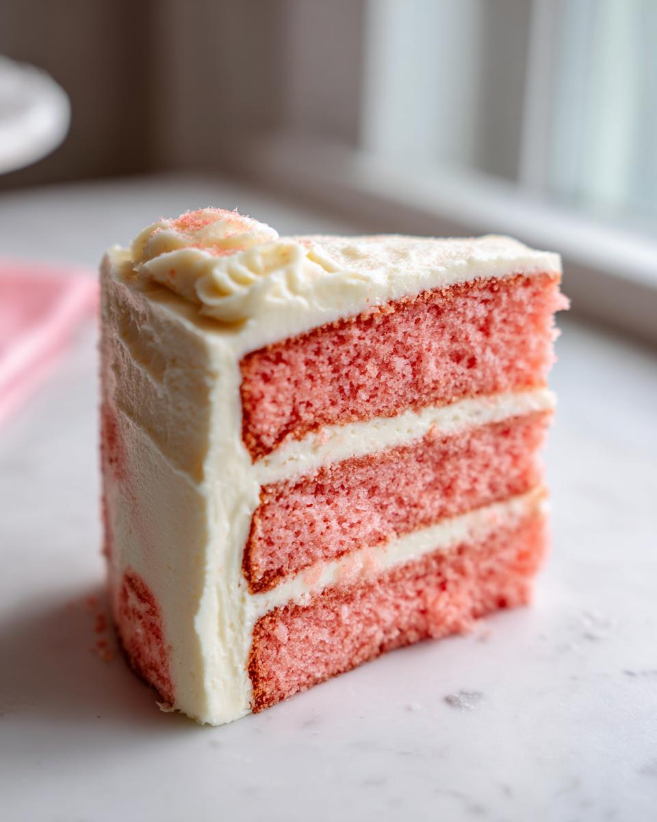 Close-up of a tall slice of moist strawberry cake with three pink layers and white cream cheese frosting.