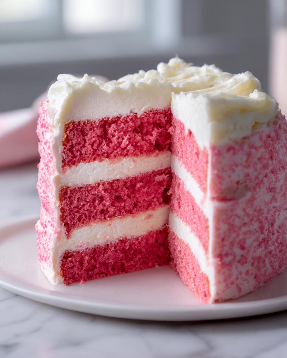 Close-up of a three-layer strawberry cake slice showing pink layers and white frosting, perfect for a strawberry cake recipe.