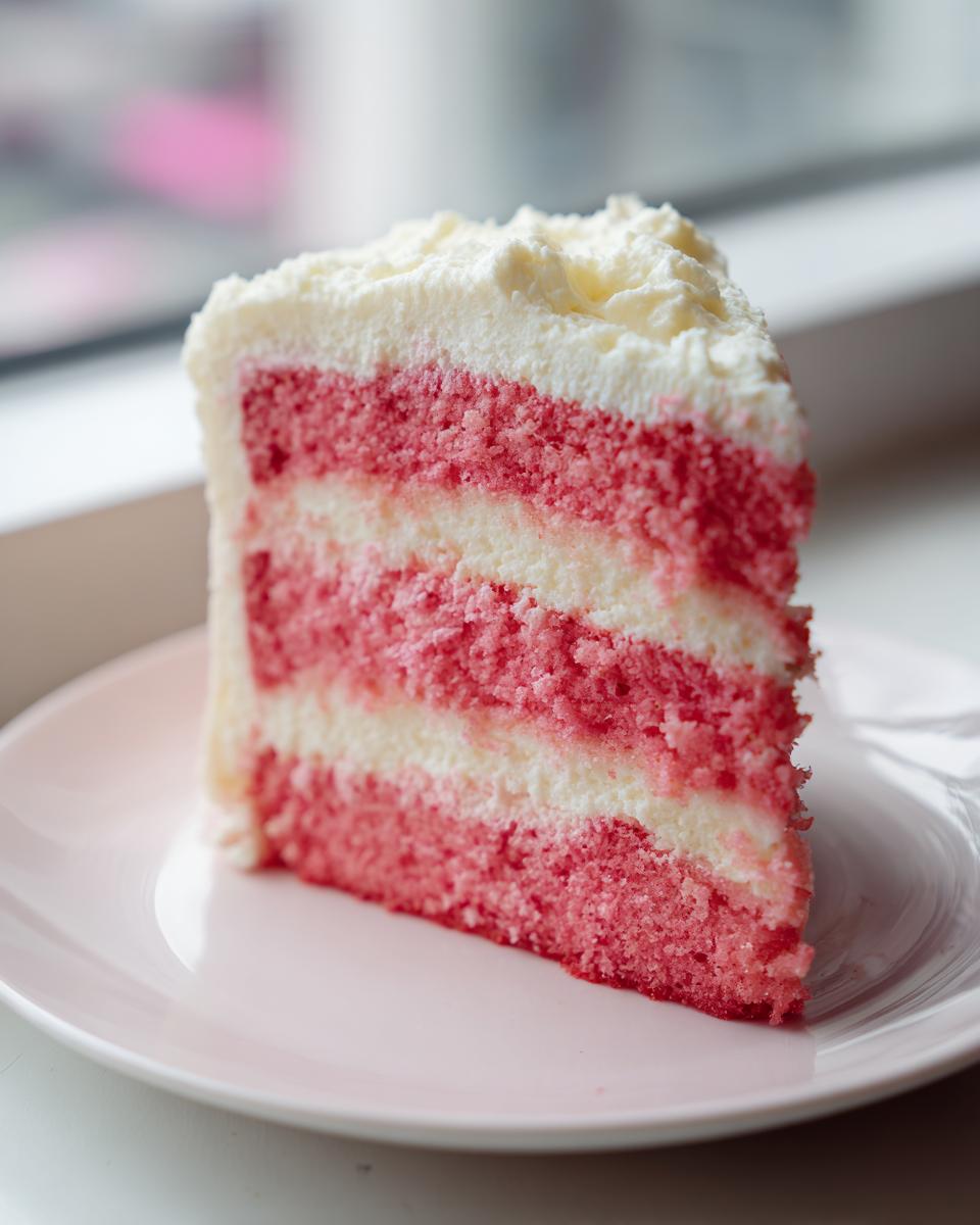 Close-up of a tall slice of strawberry cake with alternating pink cake and white frosting layers.