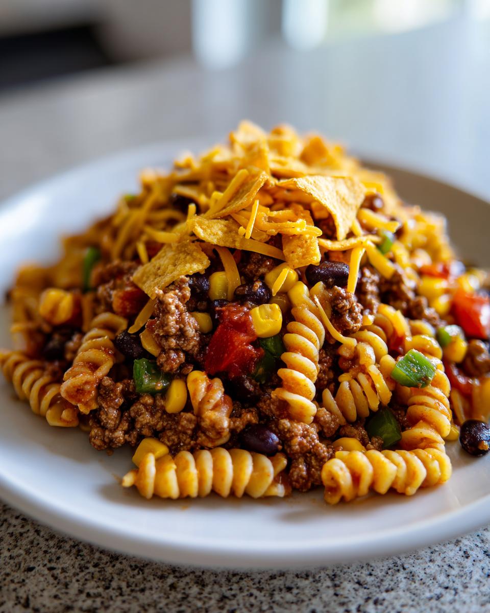 A close-up serving of amazing taco pasta salad featuring rotini pasta, ground beef, corn, beans, and topped with crushed tortilla chips.