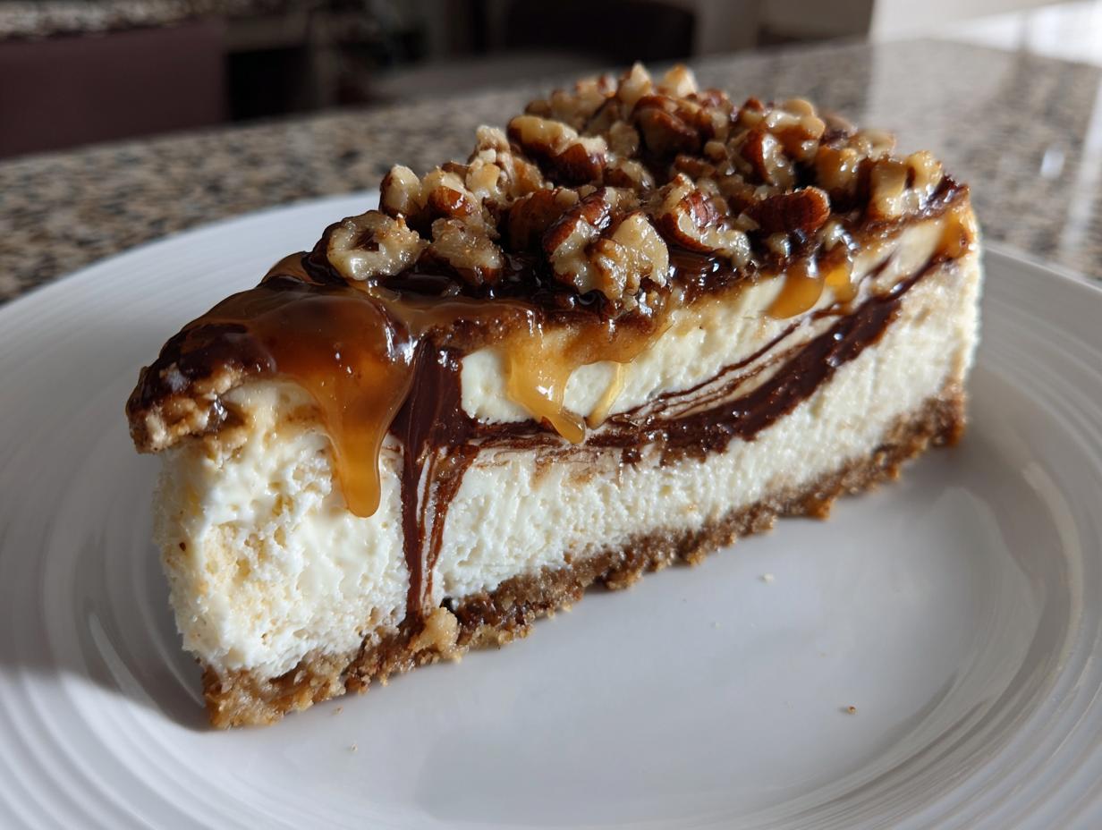 A decadent slice of turtle cheesecake featuring a graham cracker crust, creamy filling, chocolate swirl, caramel drizzle, and chopped pecans.
