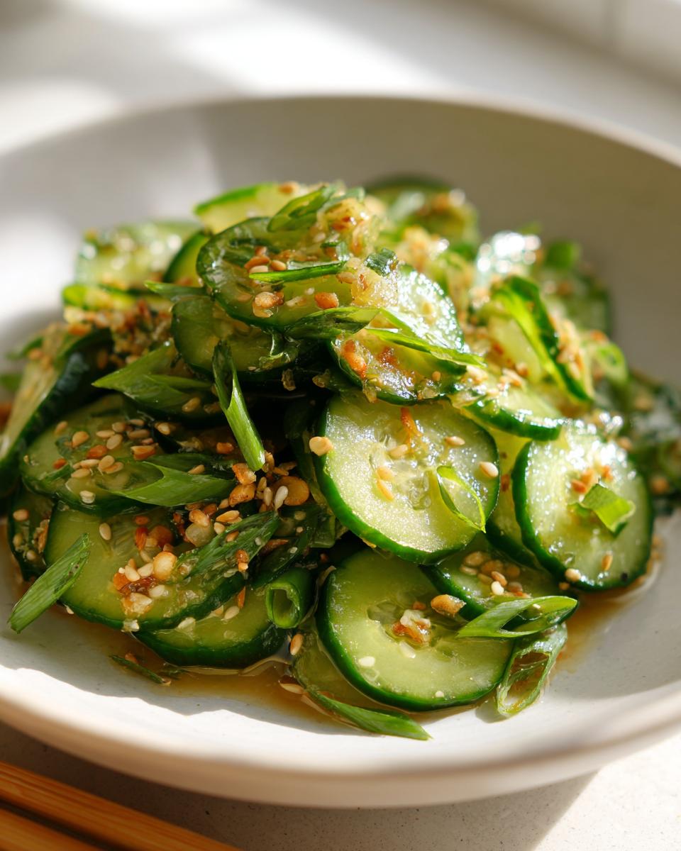 Close-up of thinly sliced cucumbers in a savory dressing, topped with sesame seeds and green onions for an asian cucumber salad.