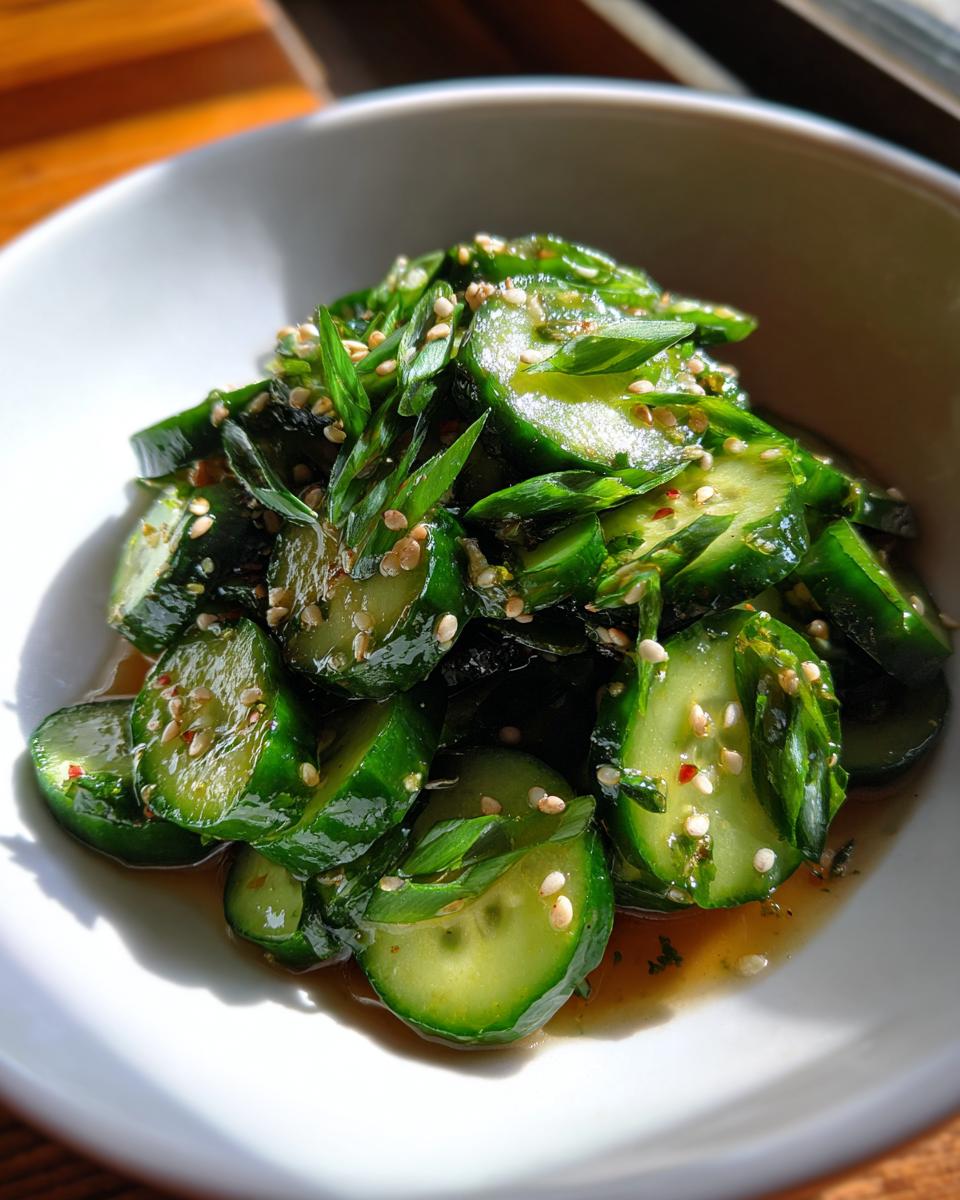 Close-up of sliced cucumbers marinated in dressing, topped with sesame seeds, for an asian cucumber salad.