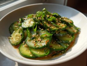 A close-up of vibrant Asian cucumber salad, sliced and tossed with sesame seeds and green onions.