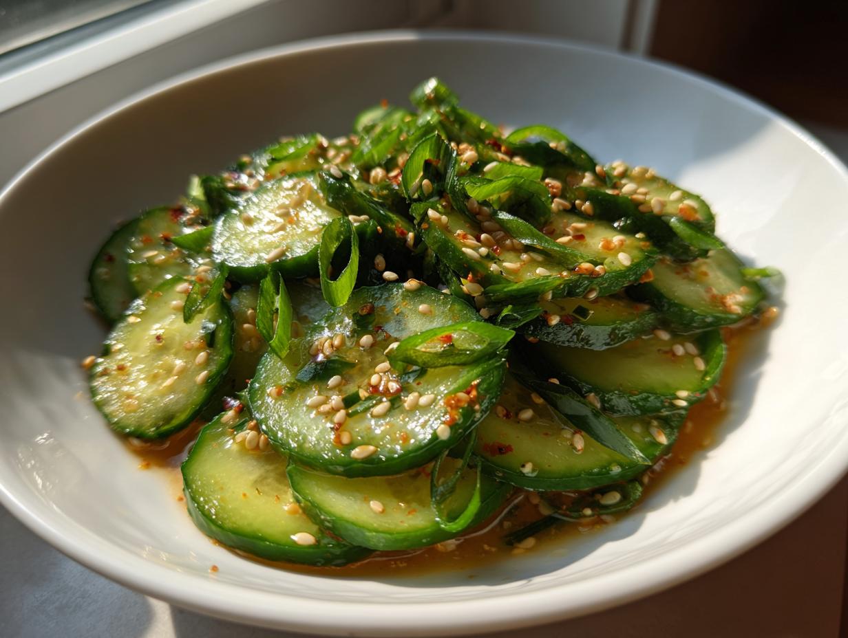 A close-up of vibrant Asian cucumber salad, sliced and tossed with sesame seeds and green onions.