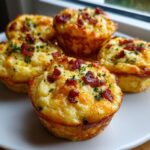 Close-up of several golden brown, savory egg bites topped with crispy bacon bits and parsley.