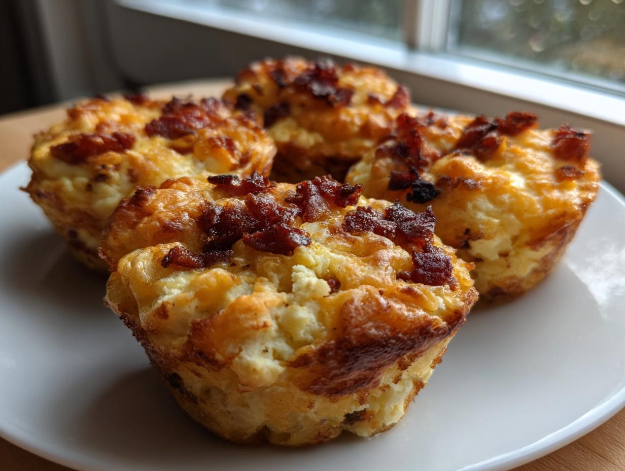 Four freshly baked, golden brown bacon egg bites served on a white plate near a window.