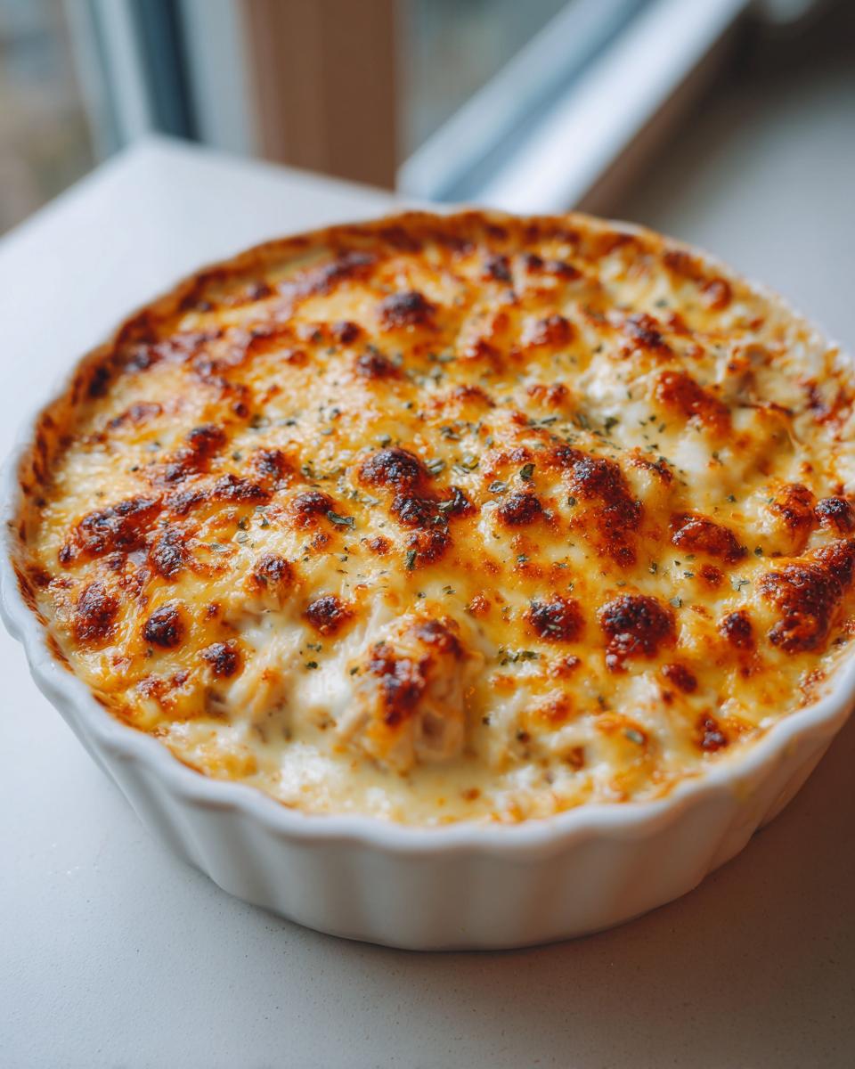 Close-up of a hot, baked crab dip recipe with a bubbly, golden-brown melted cheese topping.