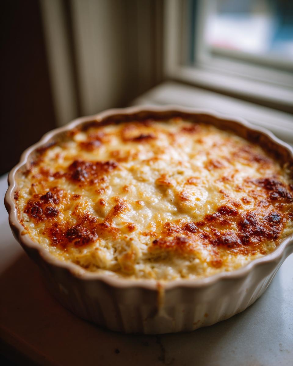 Close-up of a freshly baked, hot crab dip recipe with a bubbly, golden-brown cheese topping in a ceramic dish.