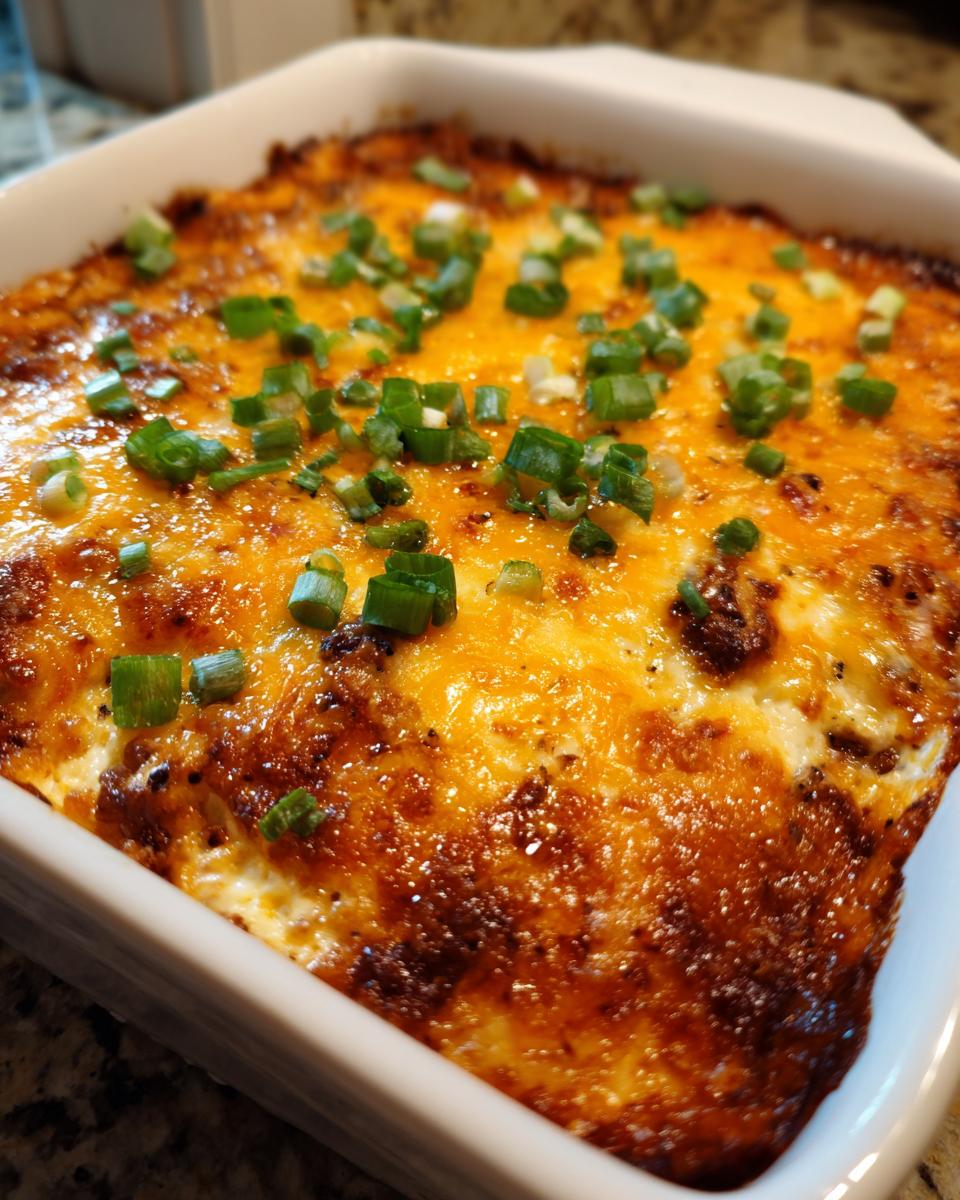 Close-up of baked texas trash dip, bubbling with melted orange cheese and topped with green onions.