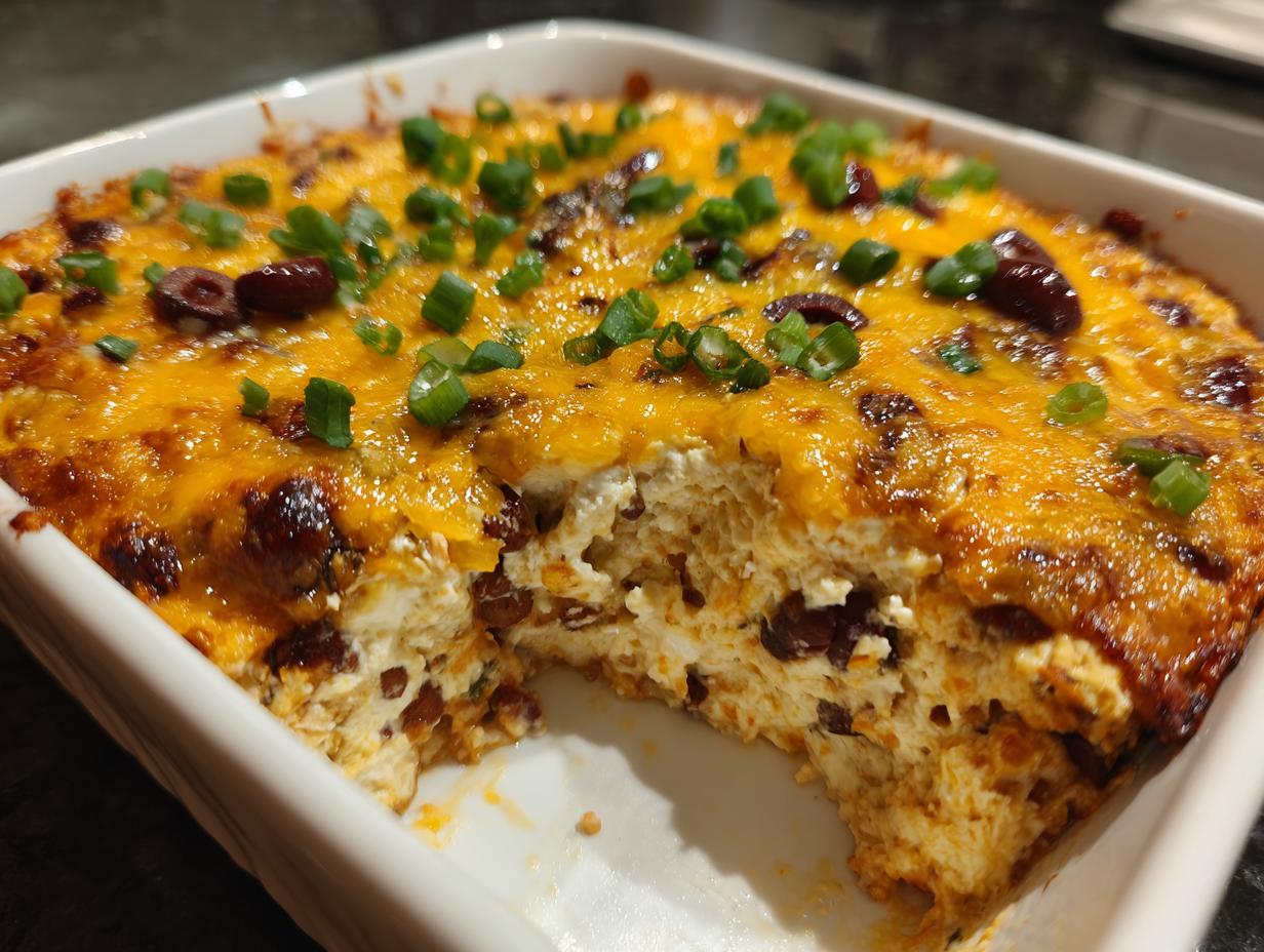 Close-up of baked texas trash dip in a white dish, featuring melted cheddar cheese and green onions.