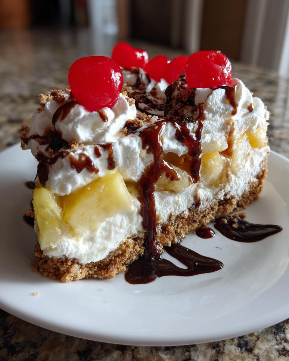 A decadent slice of banana split cake featuring layers of cream, fruit, a graham cracker crust, and topped with whipped cream, chocolate syrup, and maraschino cherries.