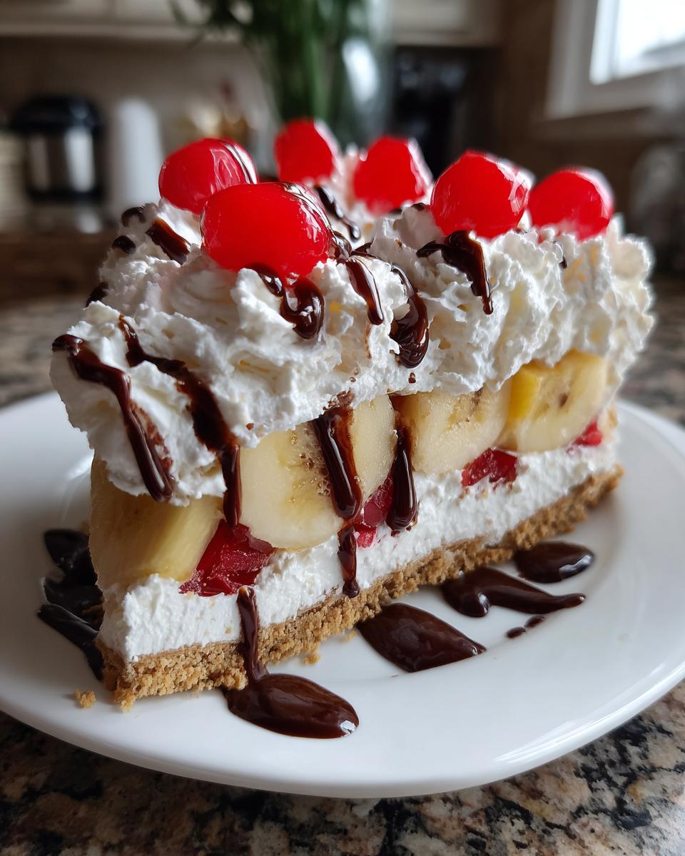 A tall slice of banana split cake featuring a graham cracker crust, cream, bananas, and topped with whipped cream, cherries, and chocolate syrup.