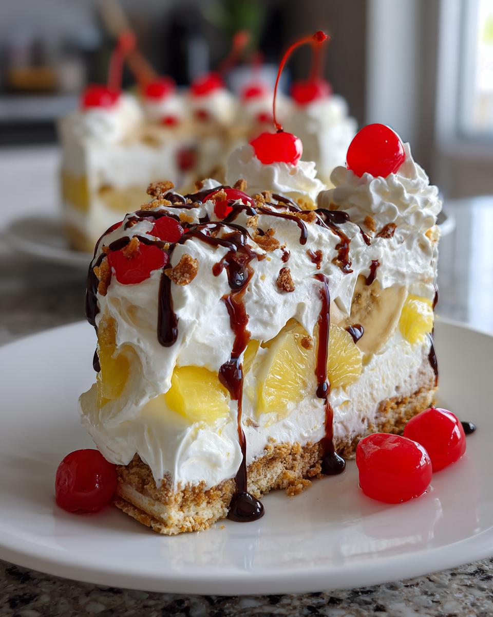 A close-up of a slice of banana split cake featuring layers of cream, pineapple, banana, graham cracker crust, and chocolate syrup.