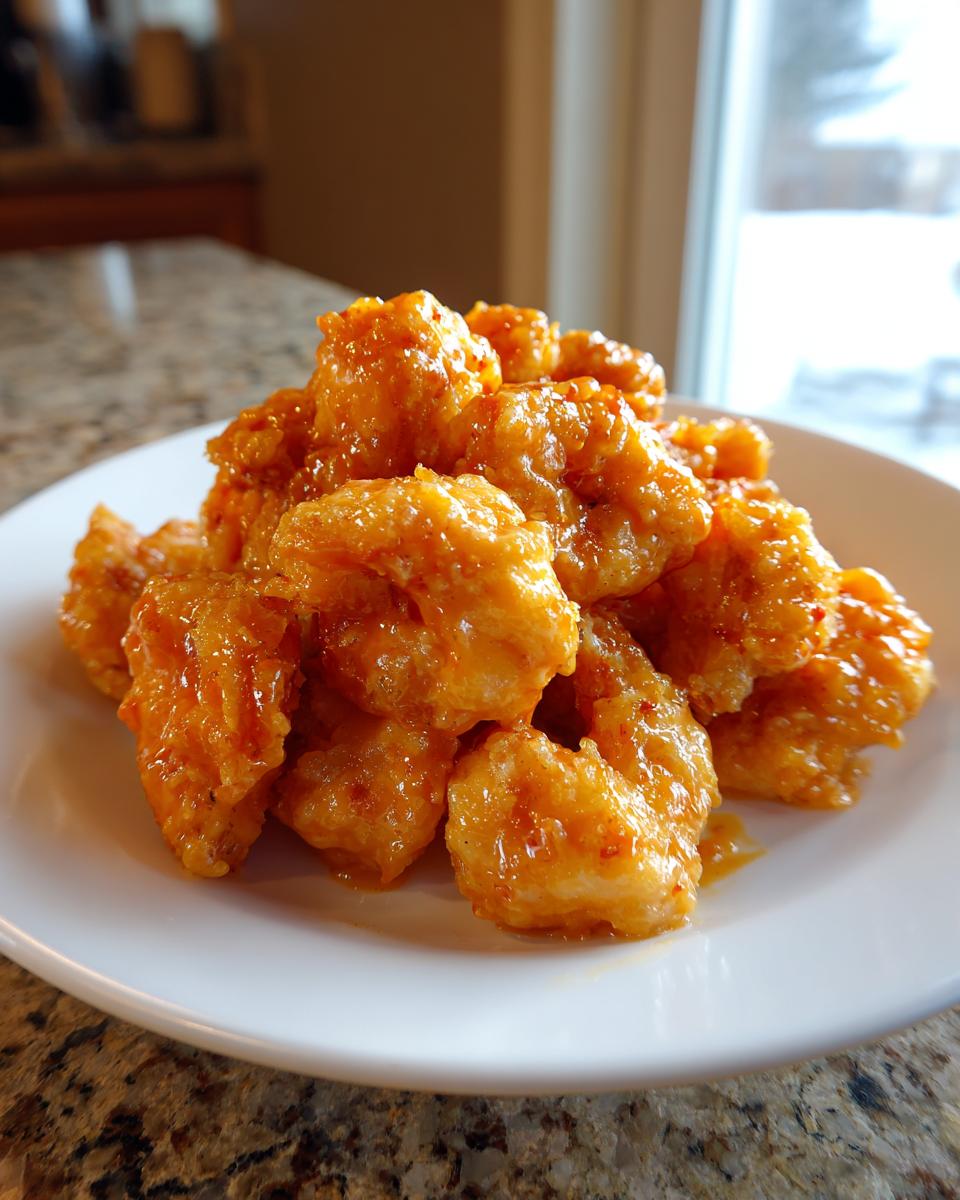 A close-up of a pile of crispy, glazed Bang Bang Shrimp served on a white plate.