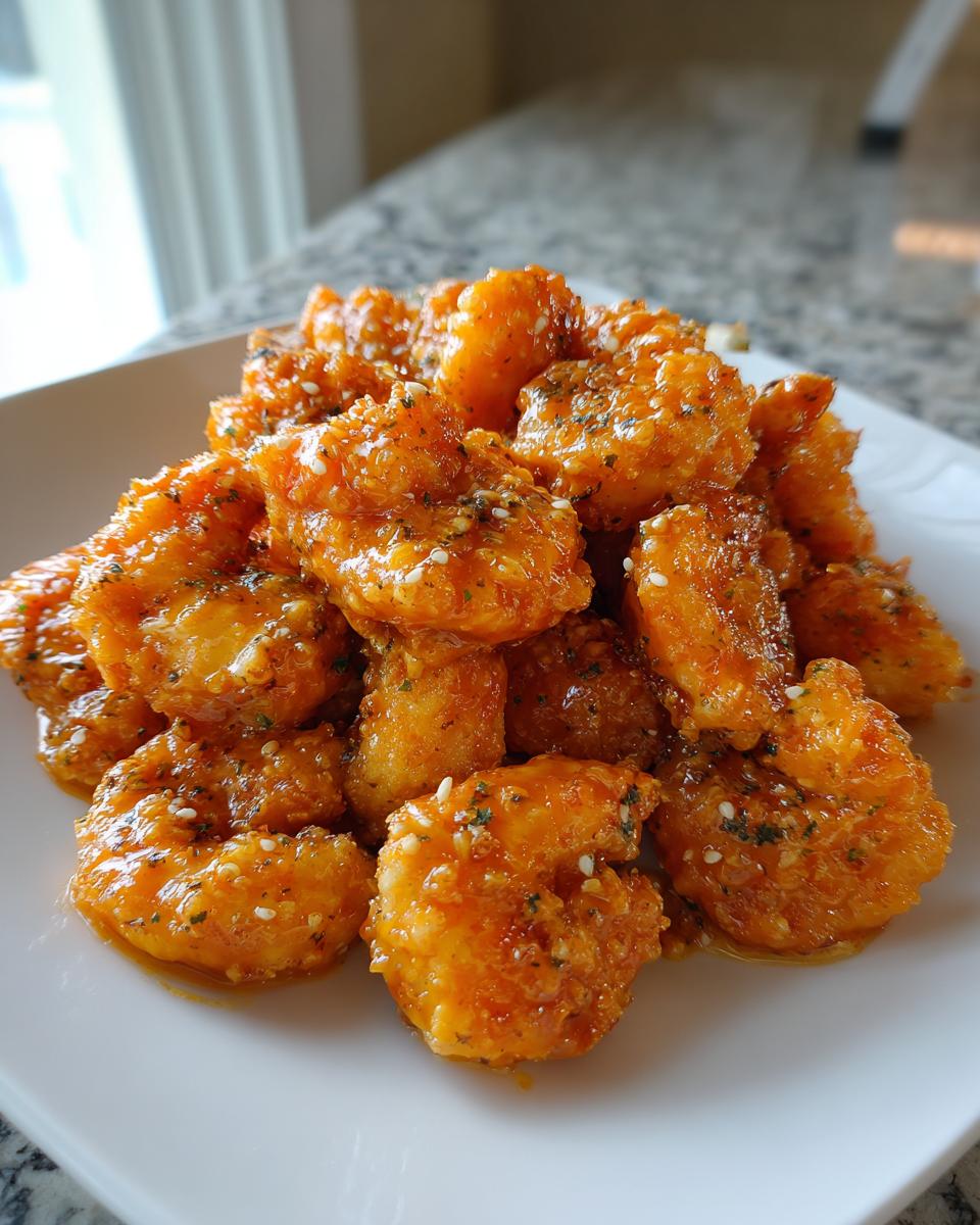 A close-up pile of crispy, saucy bang bang shrimp garnished with sesame seeds on a white plate.
