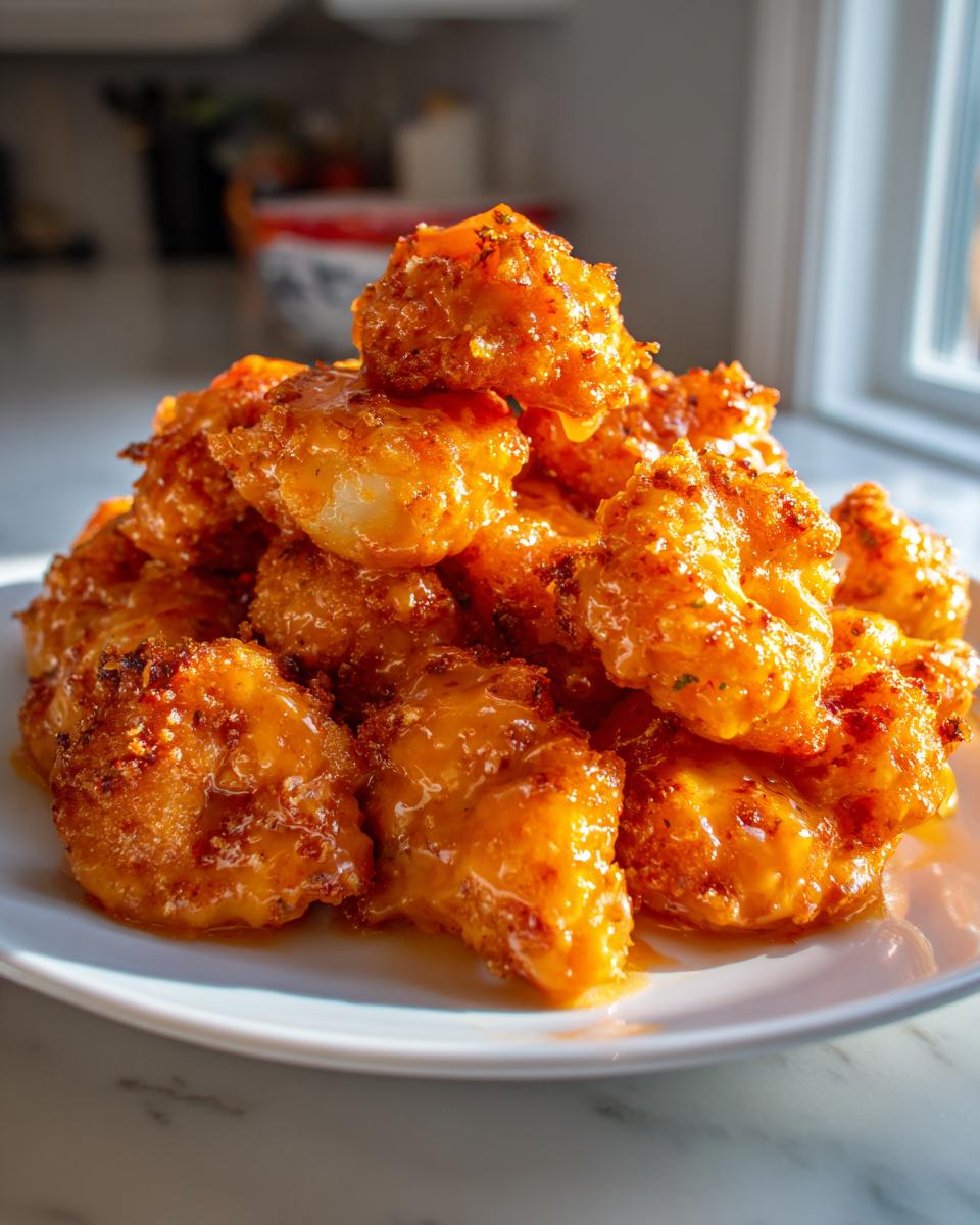 A towering pile of crispy, saucy Bang Bang Shrimp glistening under bright light on a white plate.