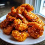 Close-up of a generous pile of crispy, saucy Bang Bang Shrimp coated in a bright orange glaze.