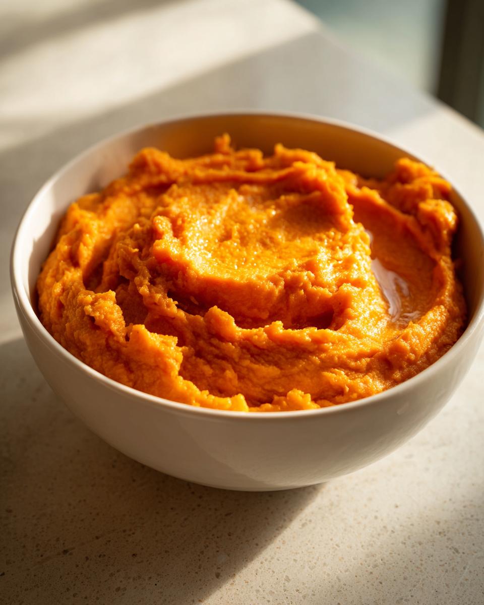 A close-up shot of a white bowl filled with vibrant orange, creamy mashed sweet potatoes.