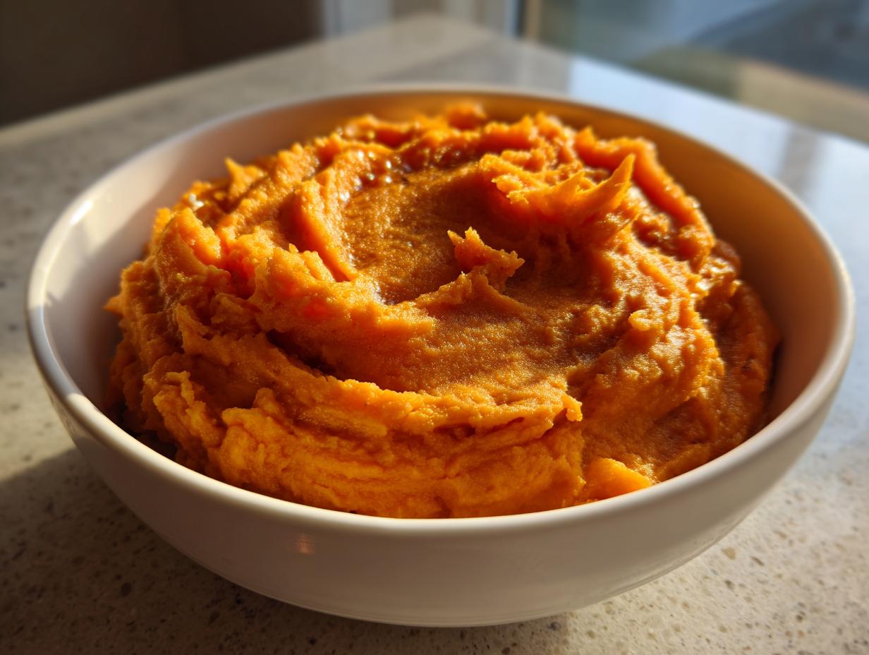 A close-up of a white bowl filled with creamy, bright orange mashed sweet potatoes, highlighted by natural light.