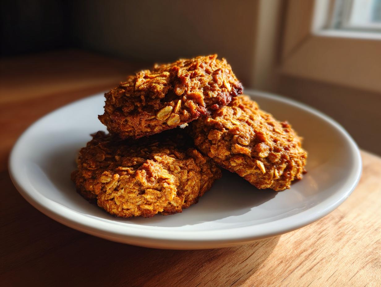 Three chewy pumpkin oatmeal cookies stacked on a white plate, highlighted by natural sunlight.