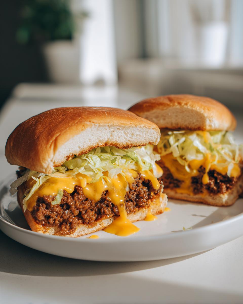 Two halves of big mac sloppy joes featuring seasoned ground beef, melted cheese sauce, and shredded lettuce on buns.
