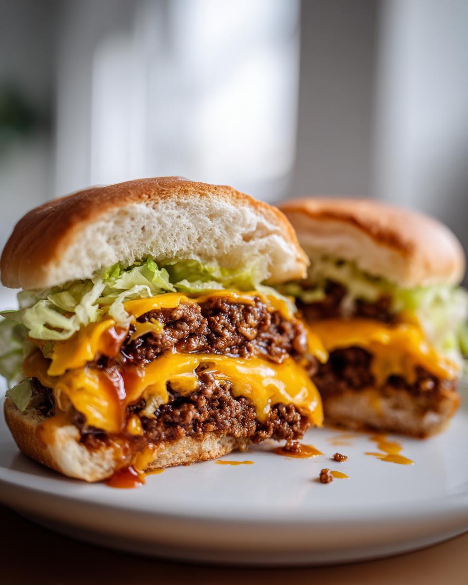 A close-up of a big mac sloppy joes sandwich cut in half, showing sloppy ground beef, melted cheese, and shredded lettuce on a bun.