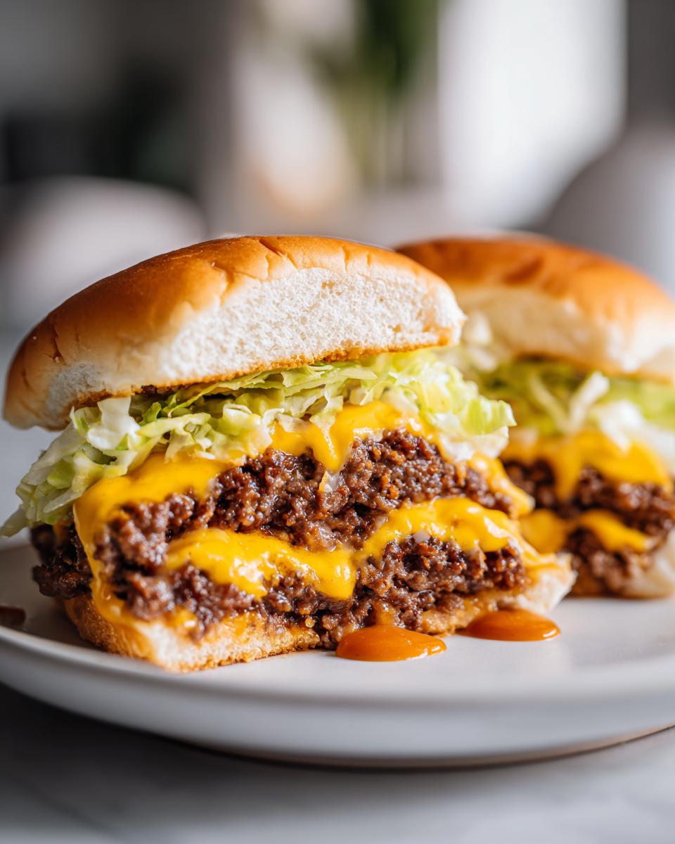 Cross-section of big mac sloppy joes showing layers of seasoned ground beef, melted cheese, and shredded lettuce on a bun.