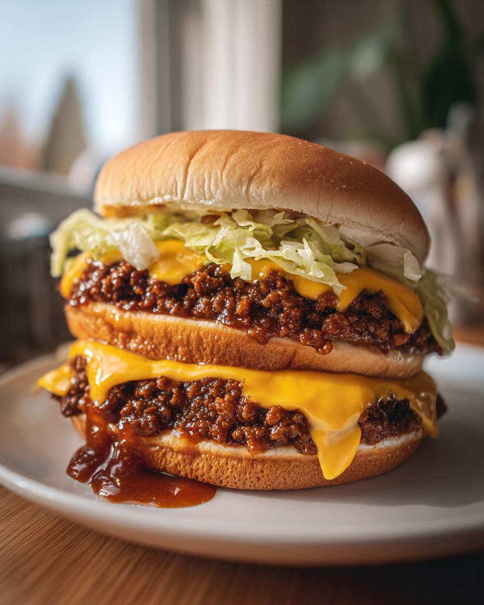 A towering double-decker big mac sloppy joes sandwich with melted cheese, saucy meat, and shredded lettuce on a sesame-free bun.