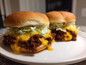 Two fully assembled big mac sloppy joes piled high with meat sauce, melted cheese, and shredded lettuce on buns.