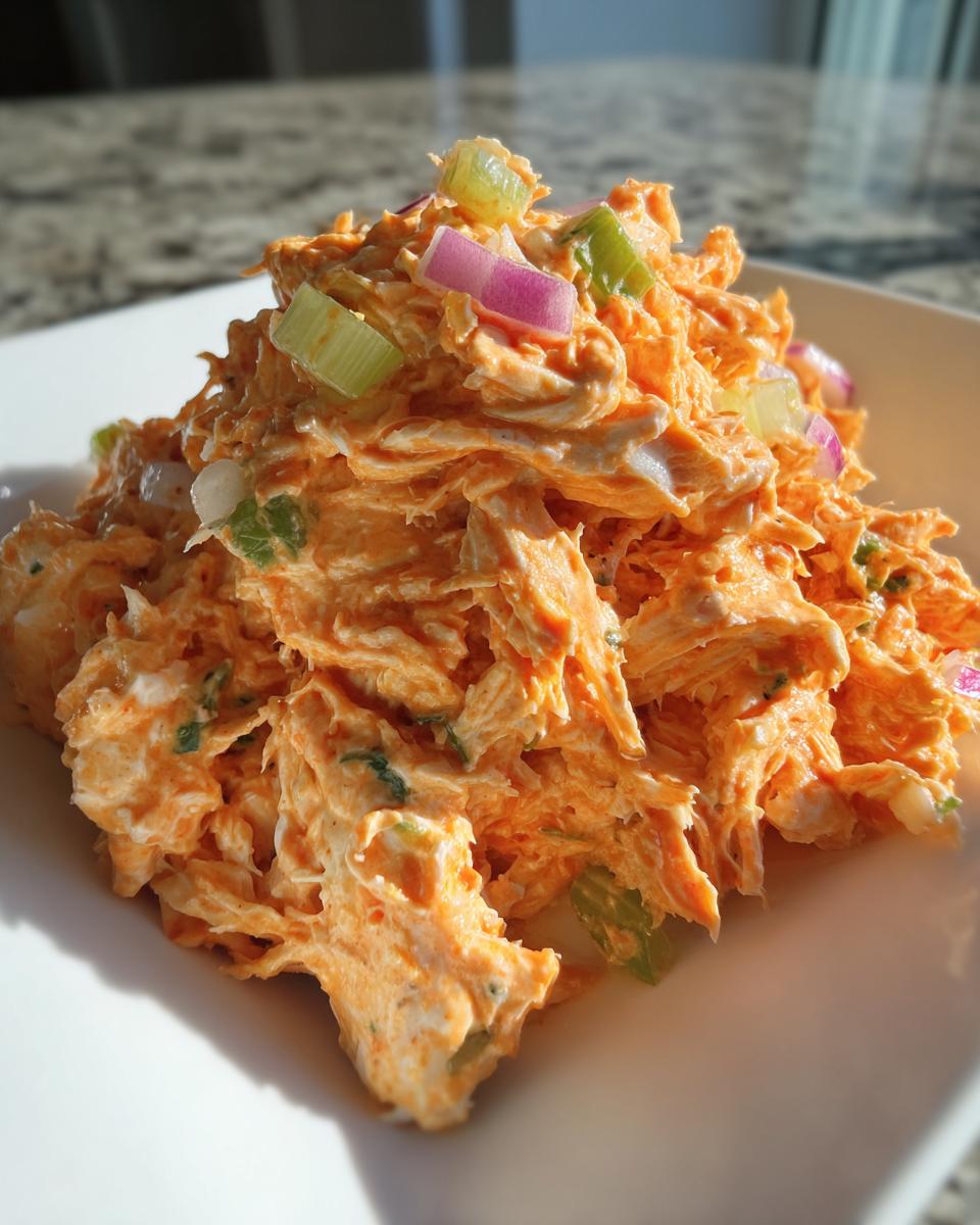 A mound of vibrant orange buffalo chicken salad topped with chopped celery and red onion on a white plate.