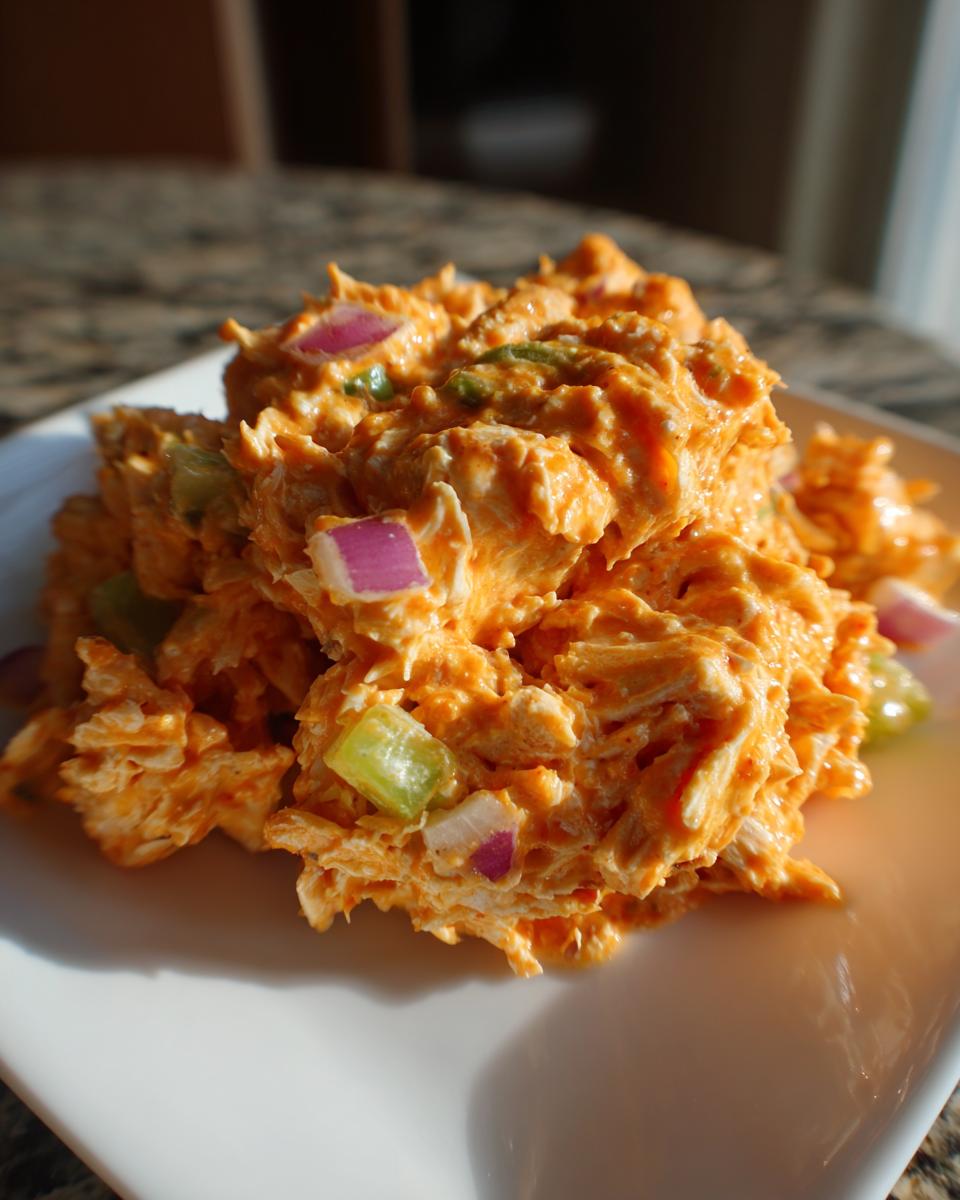A mound of bright orange buffalo chicken salad mixed with celery and red onion on a white plate.