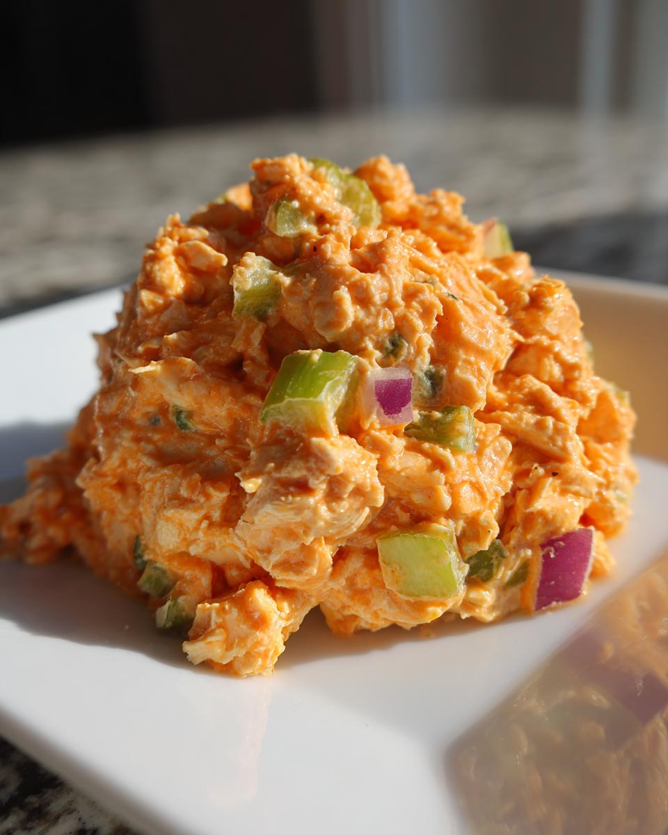 A mound of vibrant orange buffalo chicken salad mixed with chopped celery and red onion on a white plate.