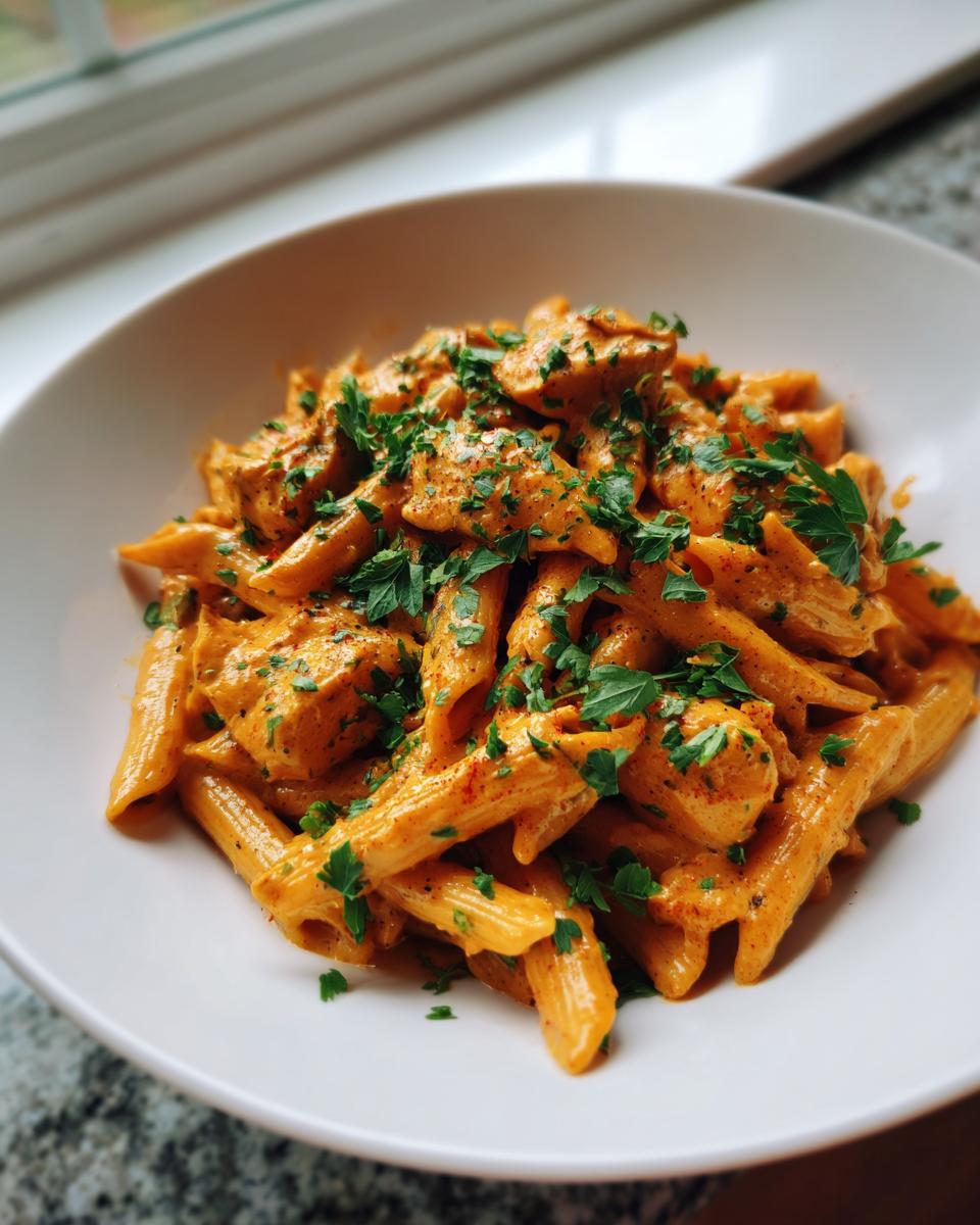 Close-up of creamy cajun chicken pasta with penne, chicken pieces, and fresh parsley garnish.